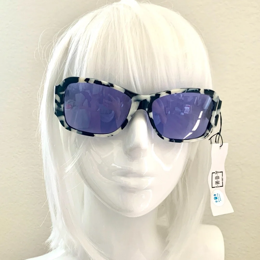 INDY Maui Sunglasses in Black White Marble Tortoise Blue Lens Anthropologie - Picture 3 of 16